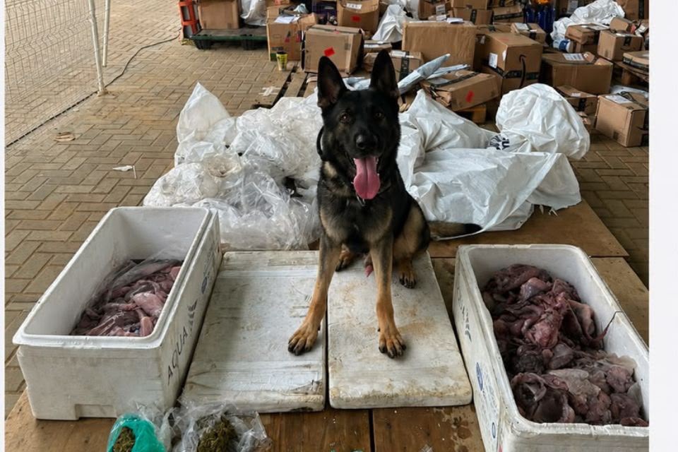 Cão farejador encontra droga escondida em carga de polvo no aeroporto de Fernando de Noronha